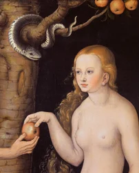 Eva nabízející Adamovi jablko v rajské zahradě a had, kolem roku 1520-25, detail díla 407328